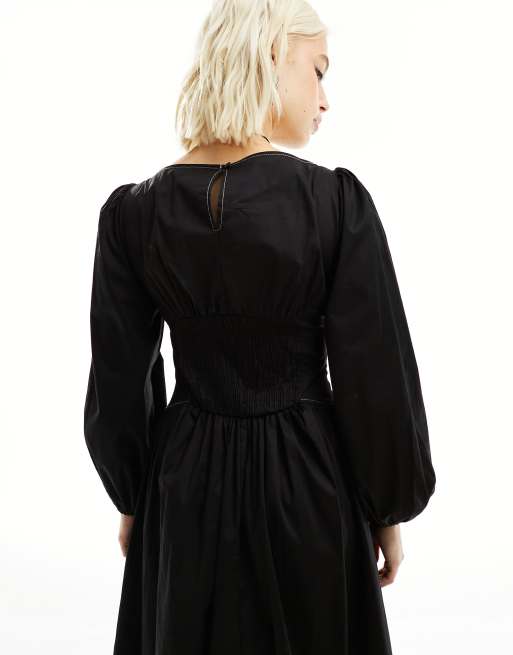 COLLUSION cotton corset maxi dress with contrast stitch in black, 4 of 4