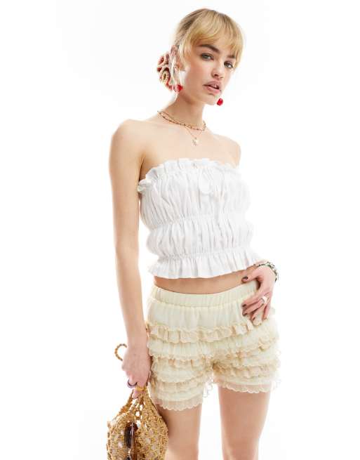 COLLUSION cotton crinkle bandeau top with tie detail in white