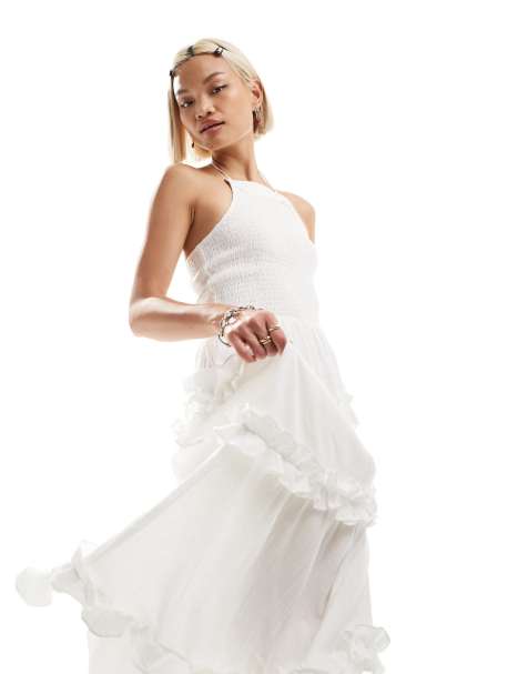 COLLUSION cotton crinkle shirred halter maxi sun dress in white - view 1
