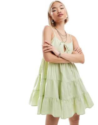 Collusion Cotton Linen Tiered Sun Dress With Bunny Tie And Ring Detail In Sage-green