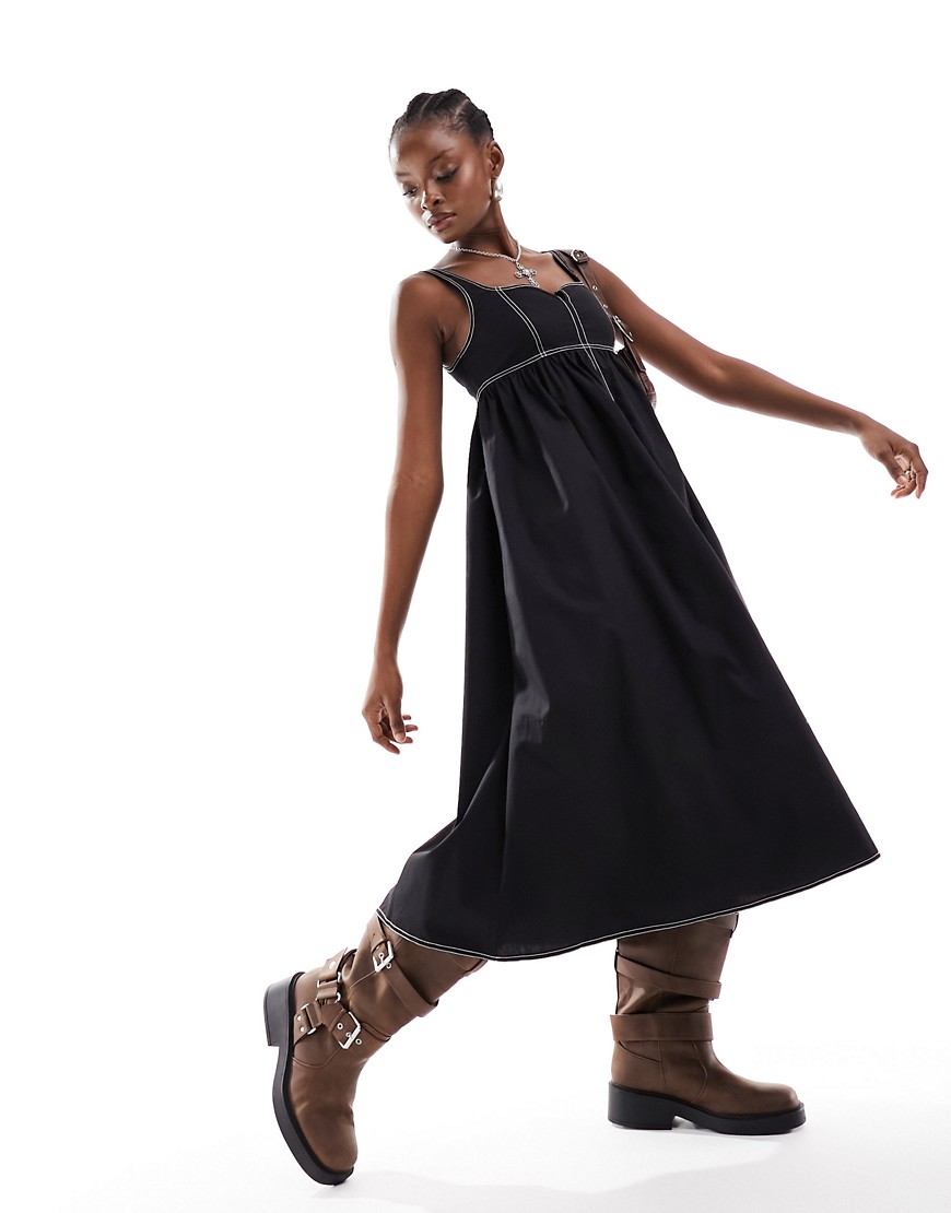 cotton maxi smock dress with notch neck in black