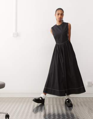 cotton midi dress with open side in black