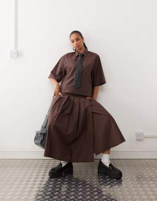 COLLUSION cotton midi wrap kilt co ord in chocolate-Brown