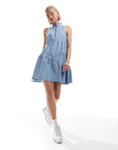 COLLUSION cotton mini asymmetric smock dress with zip detail in blue
