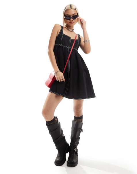 COLLUSION cotton mini smock dress with notch neck in black