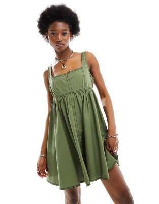 COLLUSION cotton mini smock dress with notch neck in khaki-Green