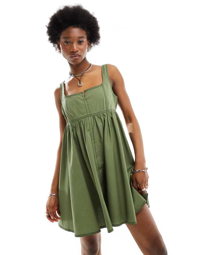 Collusion - cotton mini smock dress with notch neck in khaki