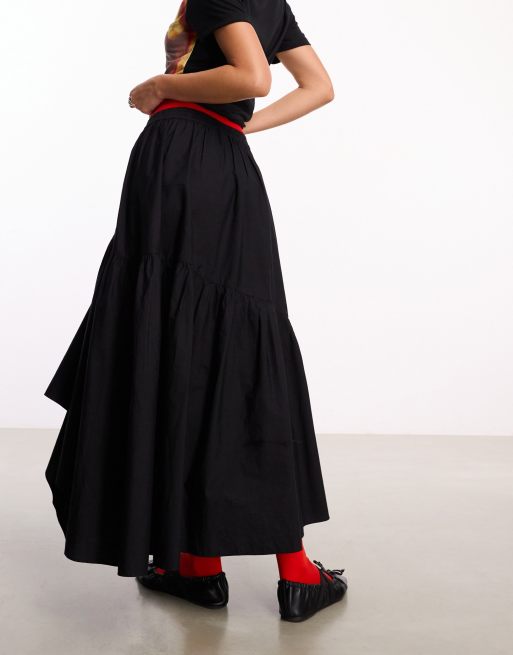 COLLUSION cotton poplin midi skirt with asymmetric hem in black, 3 of 5