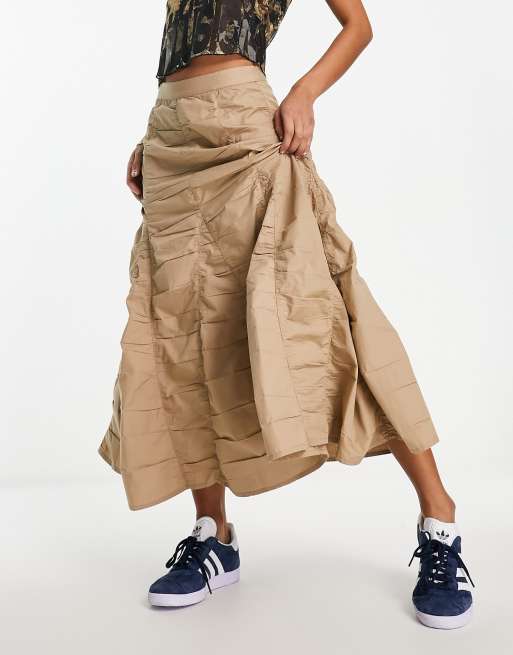 COLLUSION cotton ruched tiered midi skirt in stone