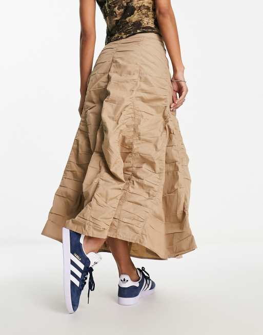 COLLUSION cotton ruched tiered midi skirt in stone