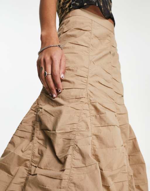 COLLUSION cotton ruched tiered midi skirt in stone