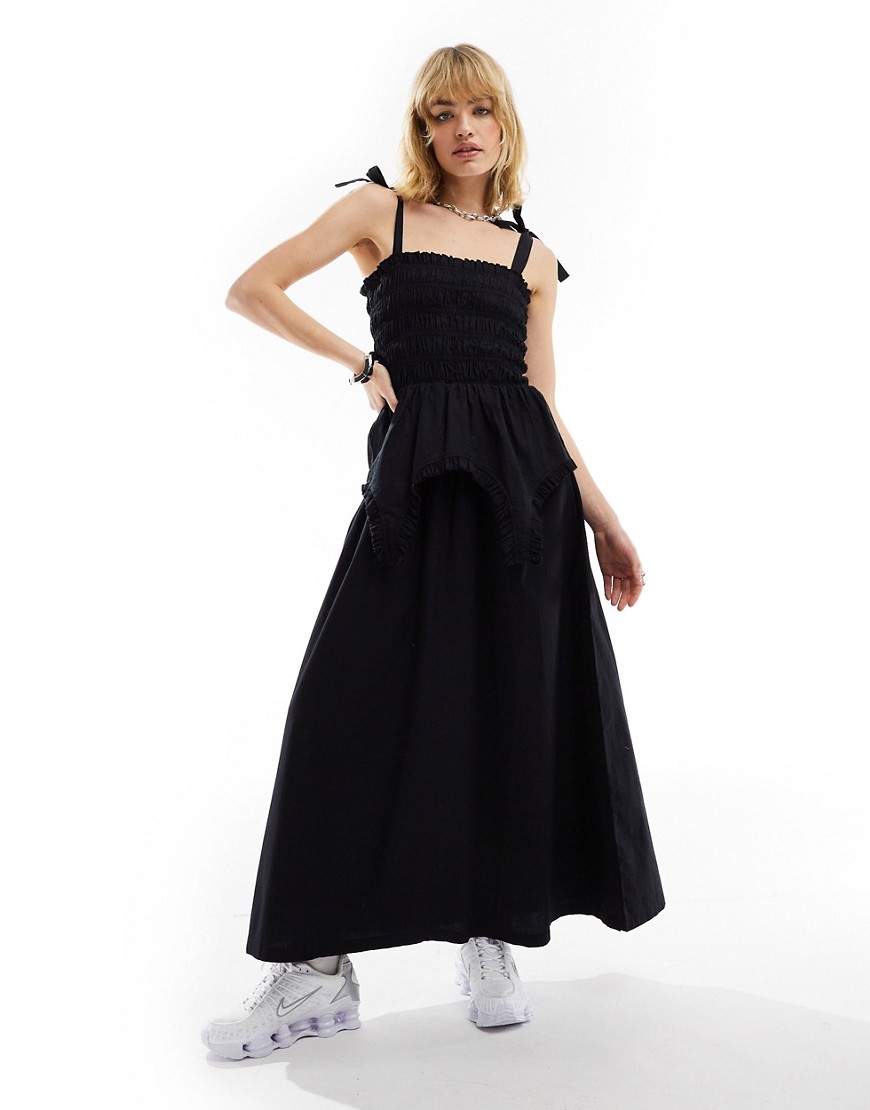 COLLUSION cotton shirred maxi dress with corset detail in black