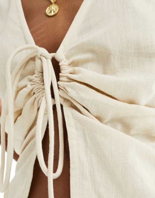 COLLUSION cotton woven built up tank top with tie detail in cream - STONE, 2 of 4