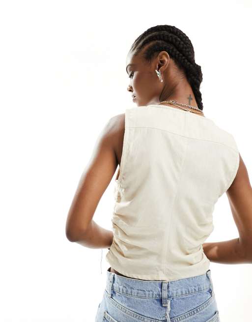 COLLUSION cotton woven built up tank top with tie detail in cream - STONE, 4 of 4