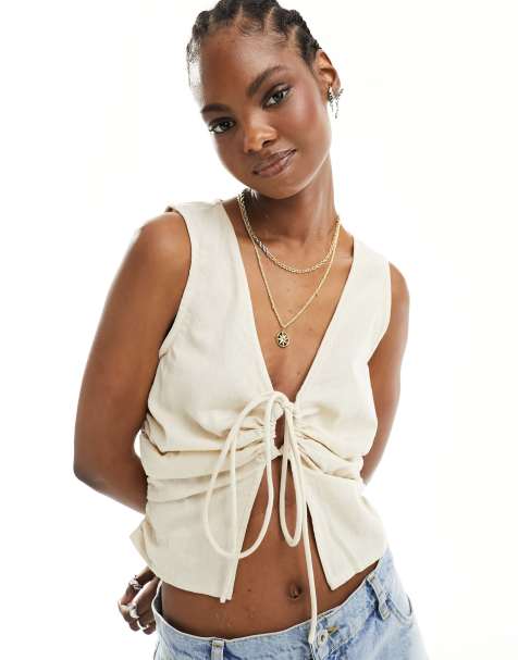 COLLUSION cotton woven built up vest top with tie detail in cream - view 1