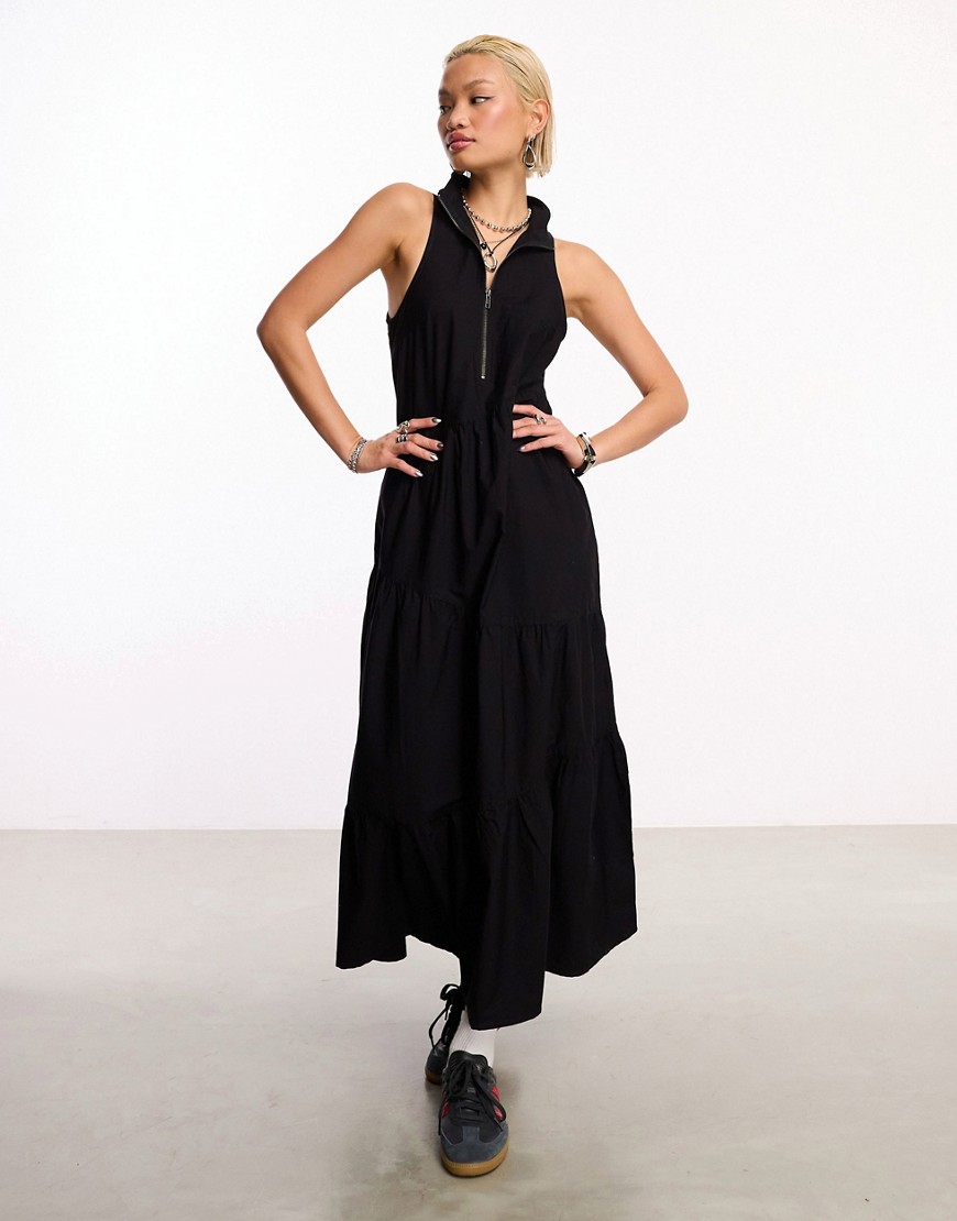 COLLUSION cotton zip maxi smock dress in black