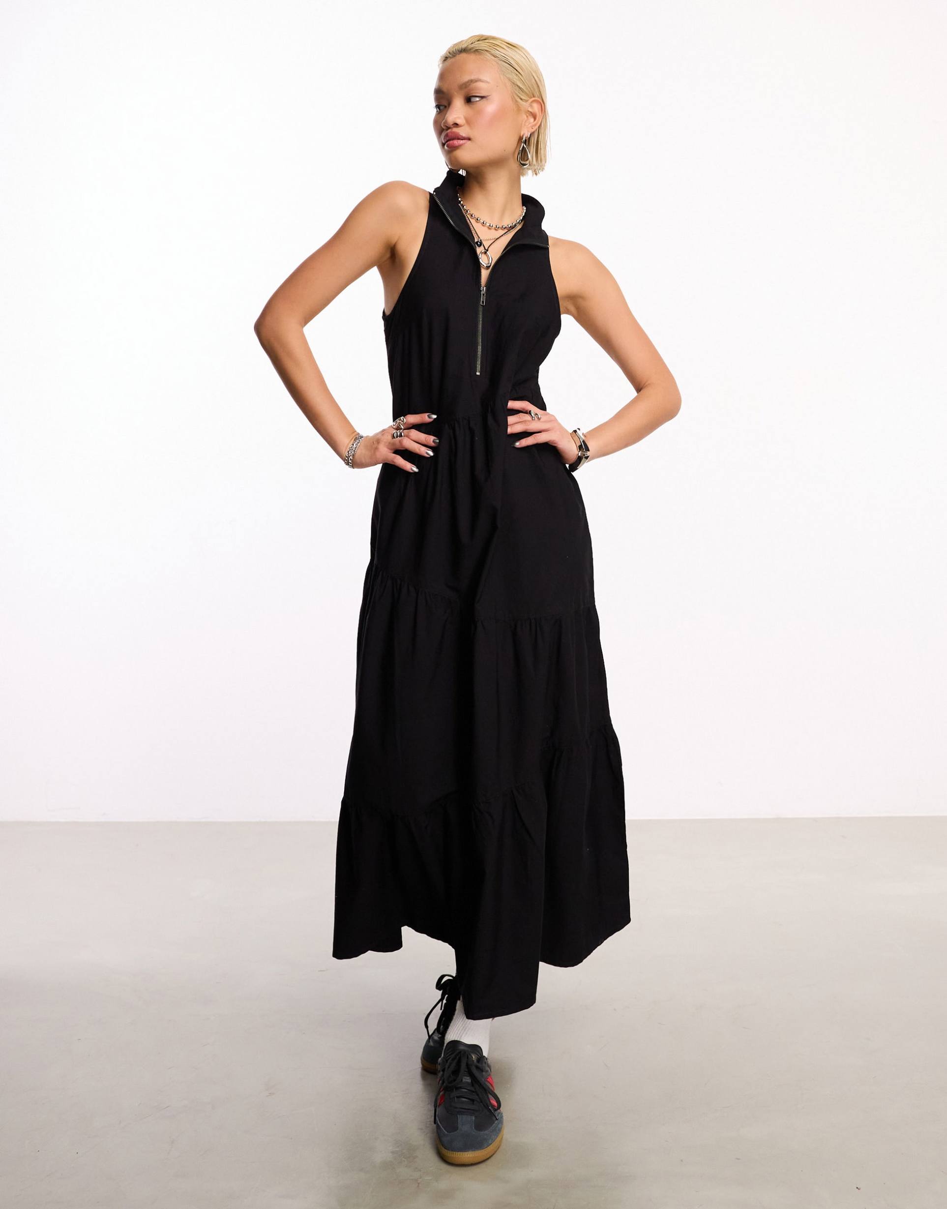 collusion cotton zip maxi smock dress in black