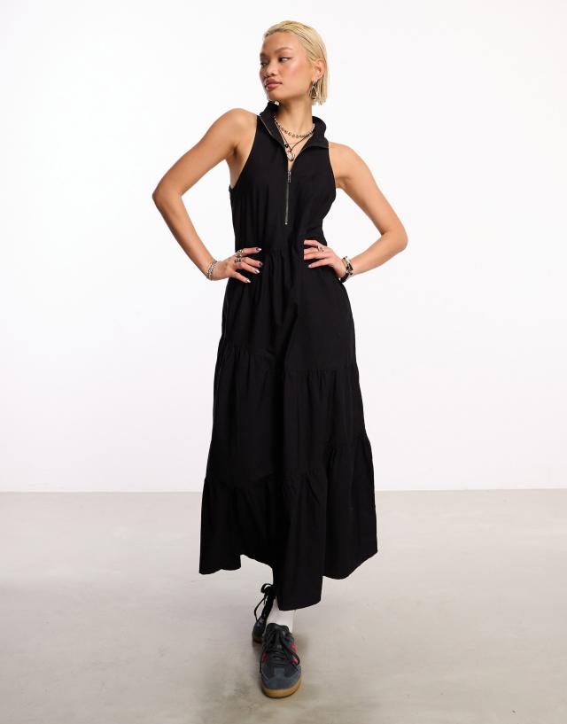 Collusion - cotton zip maxi smock dress in black