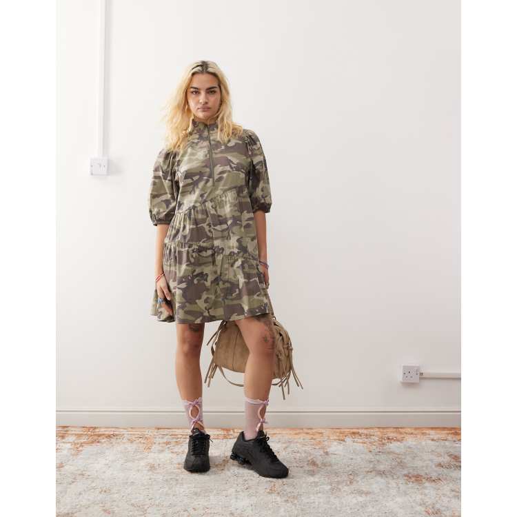 COLLUSION cotton zip mini smock dress in camo print ASOS