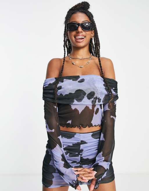 COLLUSION cow print off the shoulder long sleeve top co-ord in blue, 3 of 4