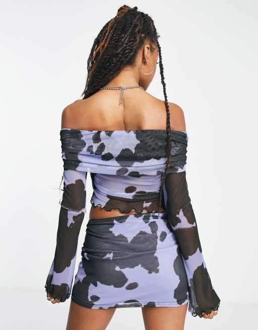 COLLUSION cow print off the shoulder long sleeve top in blue (part of a set), 2 of 4