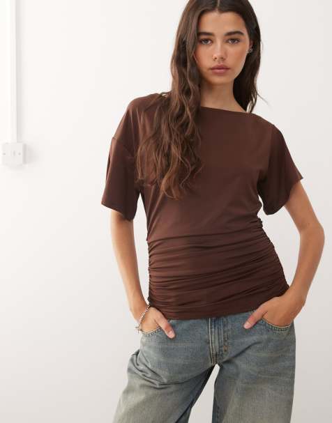 COLLUSION cowl back off-shoulder tee in chocolate brown - view 1