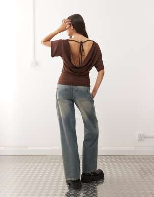 Collusion Cowl Back Off-shoulder Tee In Brown