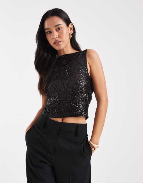 COLLUSION cowl back slash neck sequin top black