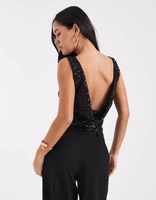 Collusion Cowl Back Slash Neck Sequin Top In Black