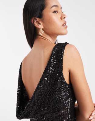 Collusion Cowl Back Slash Neck Sequin Top In Black