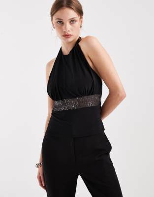 Collusion Cowl Halter Neck Soft Touch Top With Sequined Waist-black