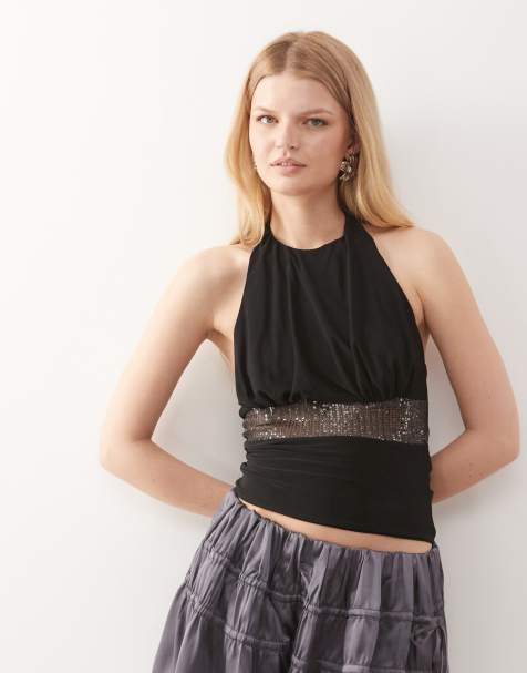 COLLUSION cowl halter neck soft touch top with sequined waist - view 1