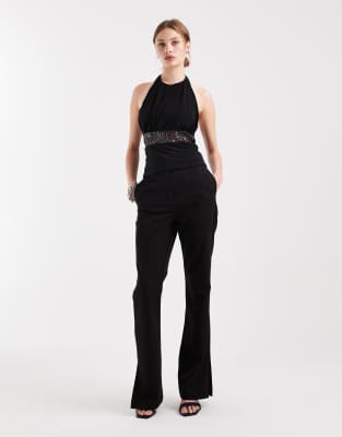 Collusion Cowl Halter Neck Soft Touch Top With Sequined Waist-black In Black