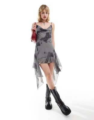 cowl mini slip dress with asymmetric hem in gray floral-Multi