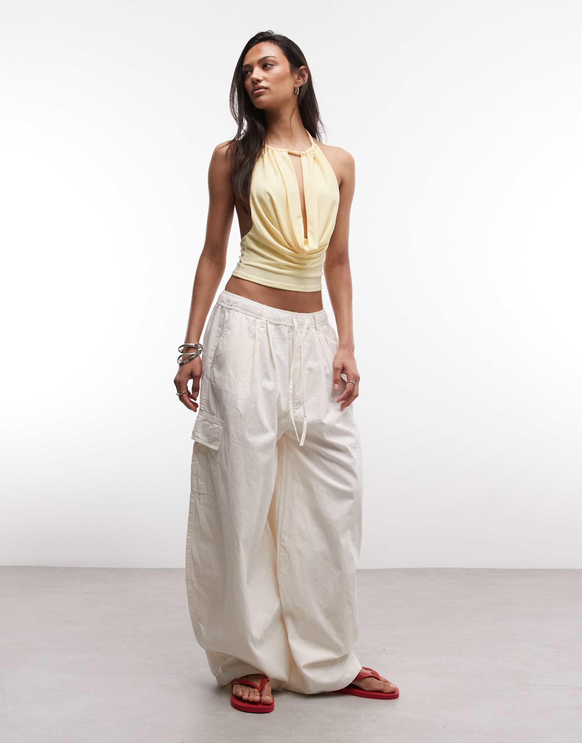 collusion cowl neck halter top in lemon