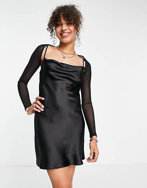 COLLUSION cowl neck mini slip dress with mesh shrug in black