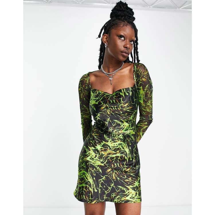 COLLUSION cowl neck neon printed mini slip dress with mesh shrug in multi