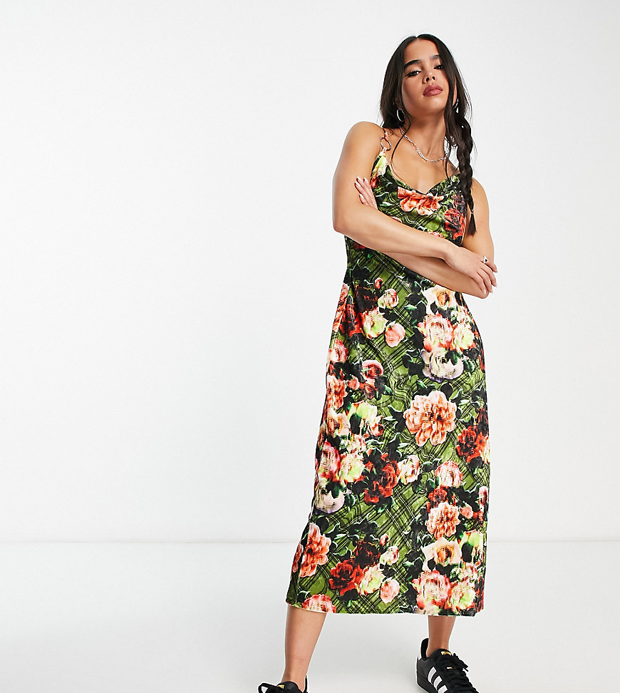 COLLUSION cowl neck velvet floral printed maxi dress in multi
