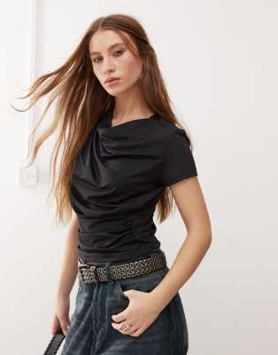 Collusion Cowling Drape Detail Slinky Cap Sleeve Top In Black