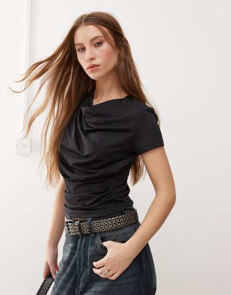 COLLUSION cowling drape detail slinky cap sleeve top in black - view 1