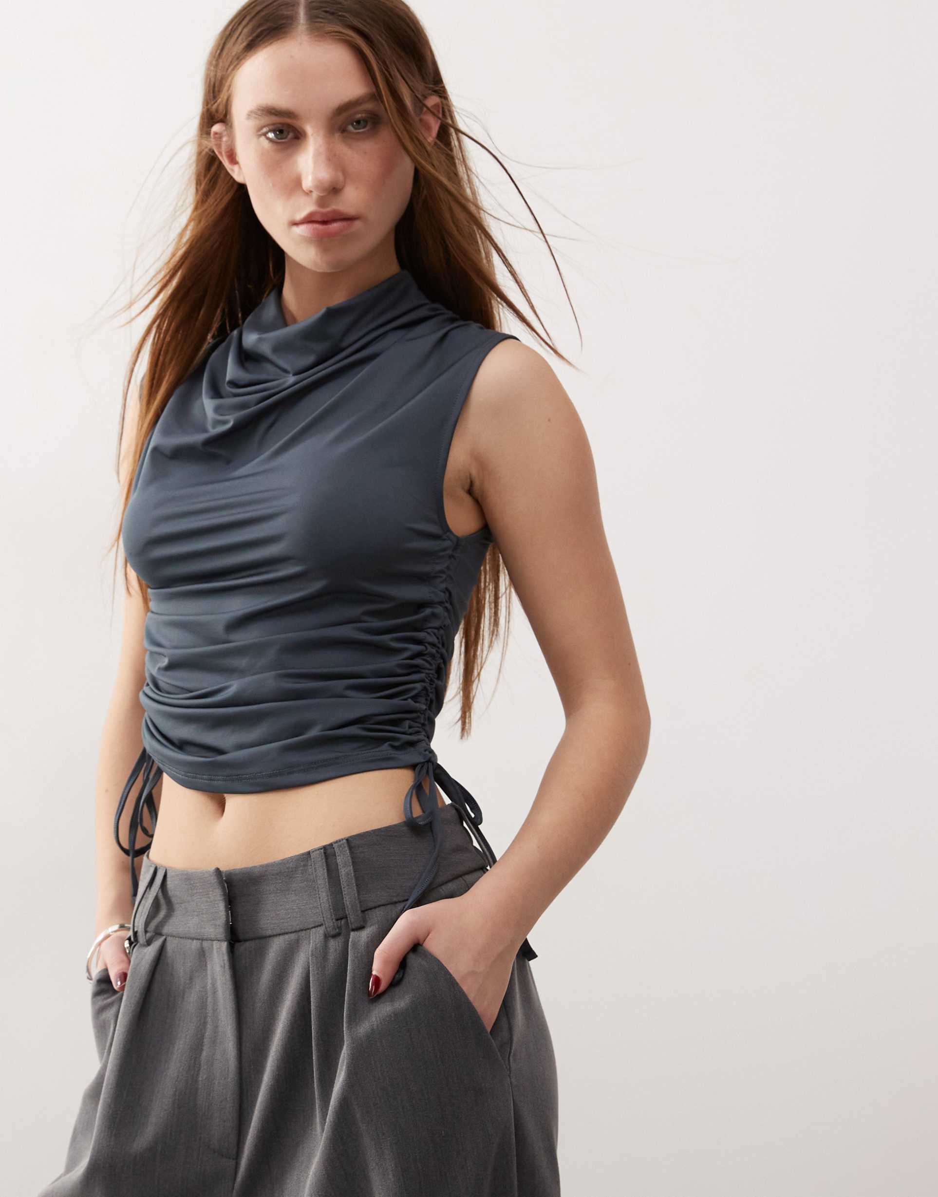collusion cowling drape detail slinky tank top with ruched side slate gray