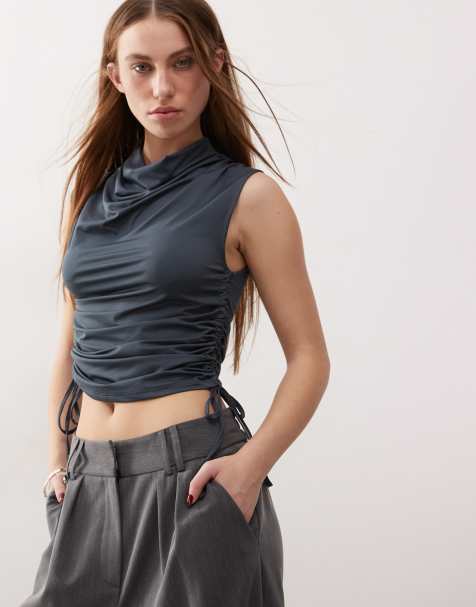 COLLUSION cowling drape detail slinky tank top with ruched side slate grey - view 1