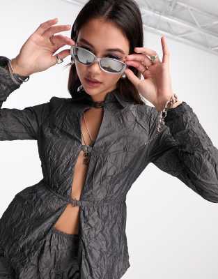 Collusion COLLUSION crinkle cut out shirt co-ord in grey