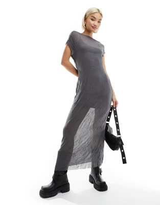 COLLUSION crinkle mesh cap sleeve maxi dress in gray