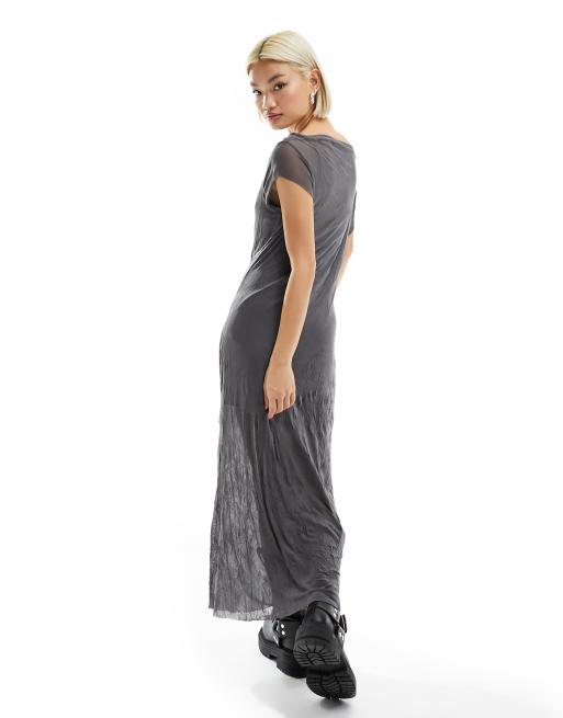 COLLUSION crinkle mesh cap sleeve maxi dress in gray