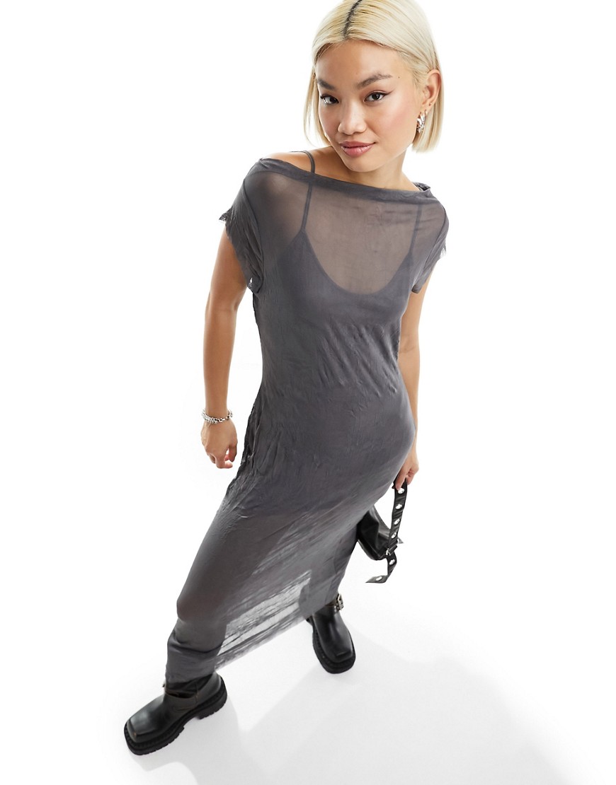 COLLUSION crinkle mesh cap sleeve maxi dress in grey