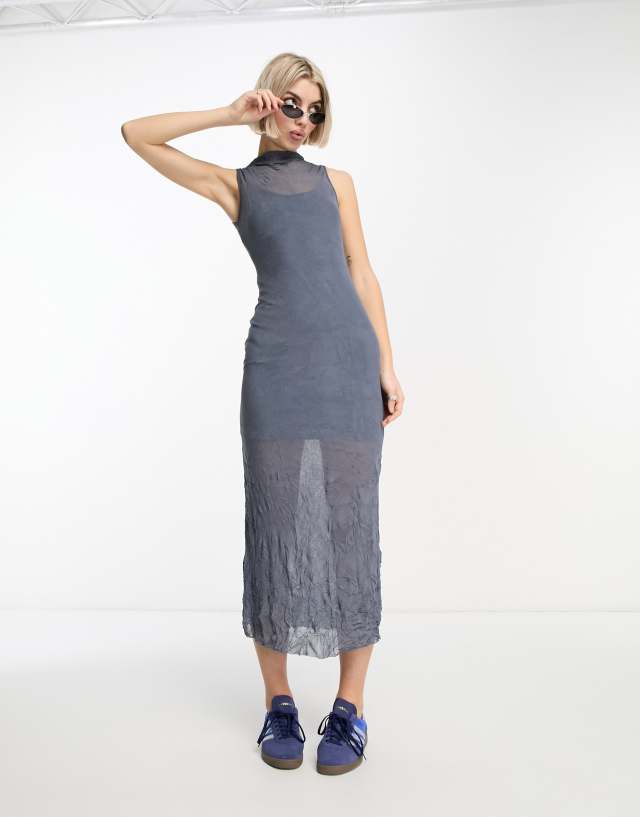 COLLUSION crinkle mesh maxi dress in blue