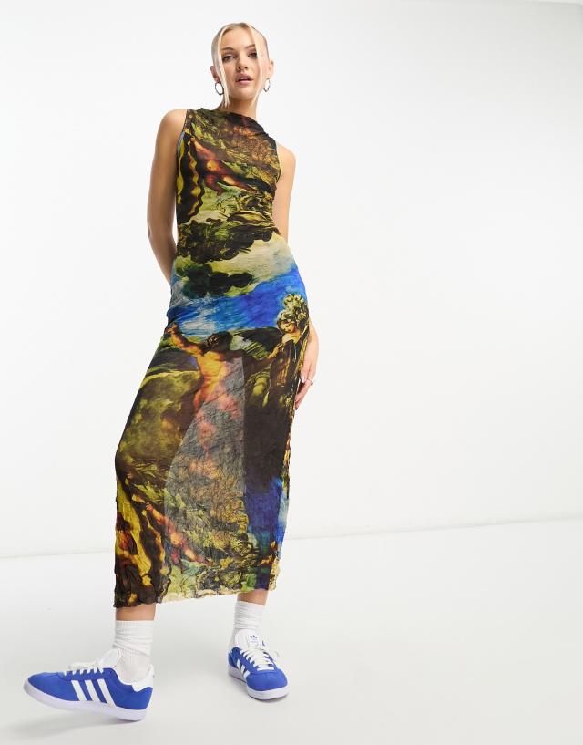 COLLUSION crinkle mesh printed maxi dress in multi