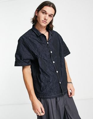 Collusion Crinkle Satin Skater Shirt With Contrast Seam In Black