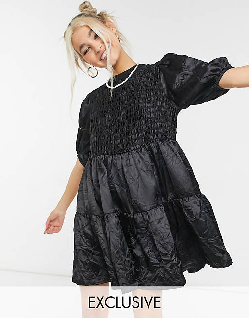 Women COLLUSION crinkle satin tiered satin smock dress in black 